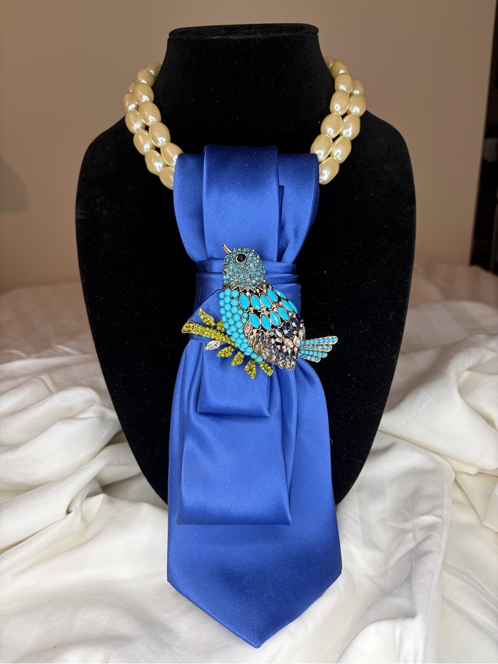 NICOLE MILLER Elegant Blue Satin Scarf Necklace with Turquoise Bird Brooche